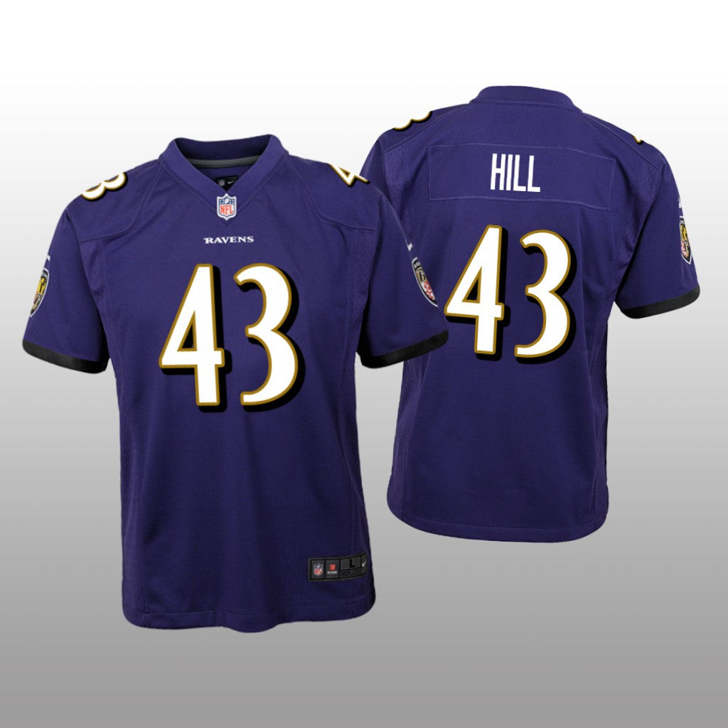 Baltimore Ravens Justice Hill Purple Jersey Game Youth
