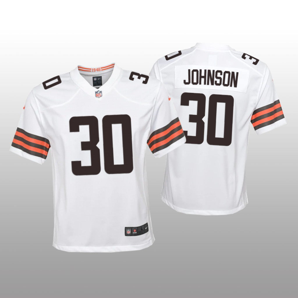 Cleveland Browns D&'Ernest Johnson White Jersey Game Youth