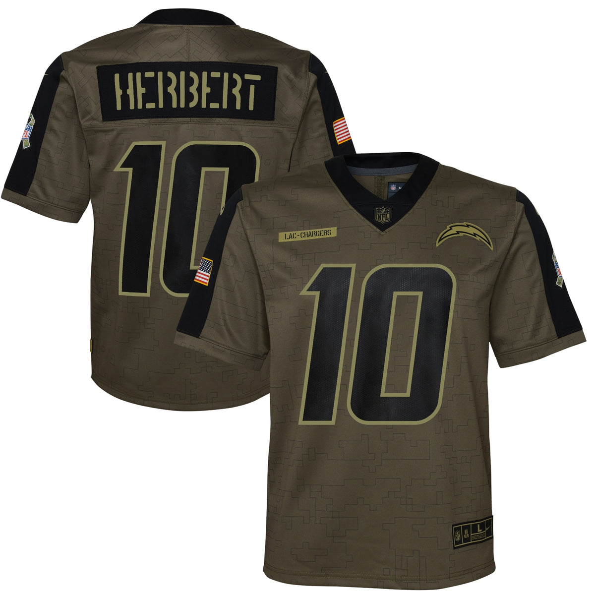 Justin Herbert Los Angeles Chargers Nike Youth 2021 Salute To Service Game Jersey Olive