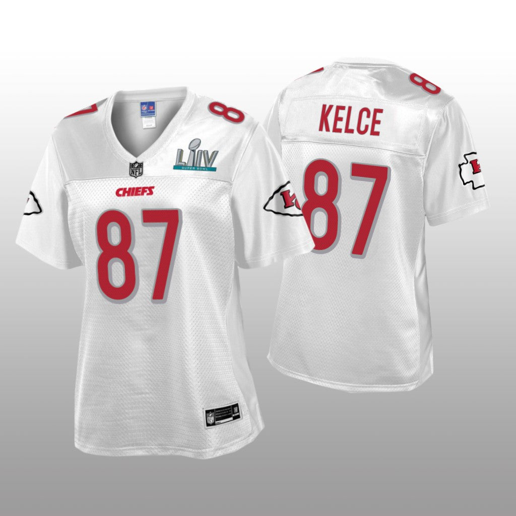 Kansas City Chiefs Travis Kelce White Jersey Super Bowl LIV Champions Women's