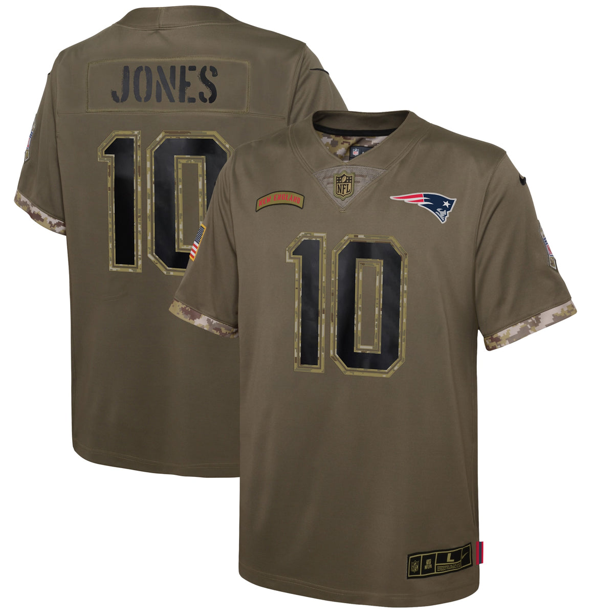 Mac Jones New England Patriots Nike Youth 2022 Salute To Service Player Limited Jersey Olive
