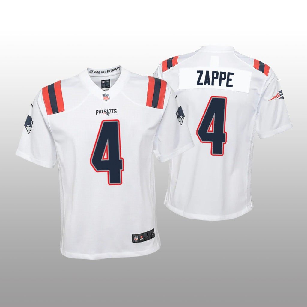 New England Patriots Bailey Zappe White Jersey Game Youth