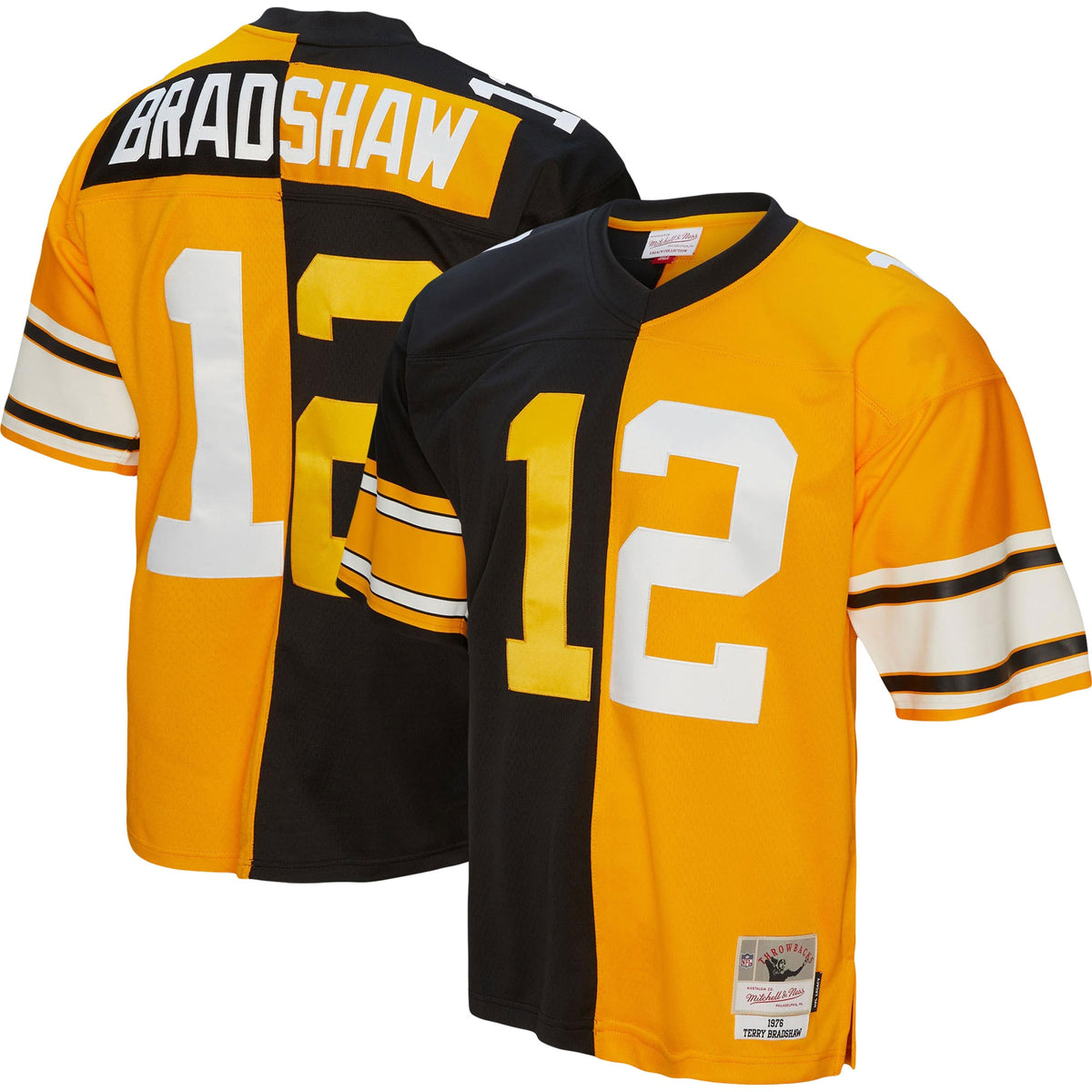 Terry Bradshaw Pittsburgh Steelers Mitchell Ness 1976 Split Legacy Replica Jersey Black-Gold