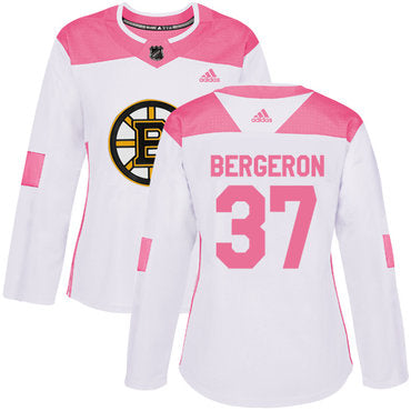 Adidas Boston Bruins 37 Patrice Bergeron White Pink Authentic Fashion Womens Stitched Nhl Jersey