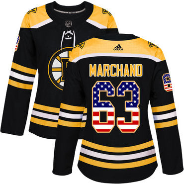 Adidas Boston Bruins 63 Brad Marchand Black Home Authentic Usa Flag Womens Stitched Nhl Jersey