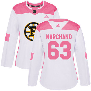 Adidas Boston Bruins 63 Brad Marchand White Pink Authentic Fashion Womens Stitched Nhl Jersey