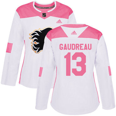 Adidas Calgary Flames 13 Johnny Gaudreau White Pink Authentic Fashion Womens Stitched Nhl Jersey