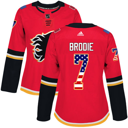 Adidas Calgary Flames 7 Tj Brodie Red Home Authentic Usa Flag Womens Stitched Nhl Jersey