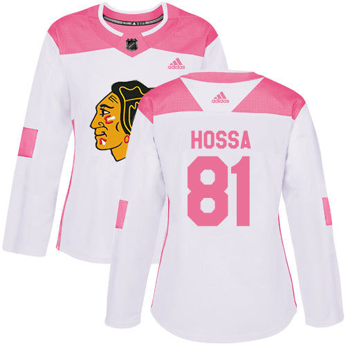 Adidas Chicago Blackhawks 81 Marian Hossa White Pink Authentic Fashion Womens Stitched Nhl Jersey