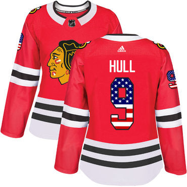Adidas Chicago Blackhawks 9 Bobby Hull Red Home Authentic Usa Flag Womens Stitched Nhl Jersey