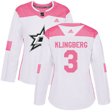 Adidas Dallas Stars 3 John Klingberg White Pink Authentic Fashion Womens Stitched Nhl Jersey