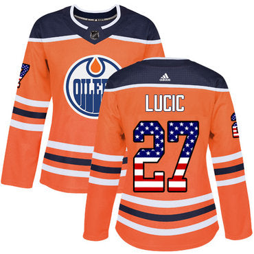 Adidas Edmonton Oilers 27 Milan Lucic Orange Home Authentic Usa Flag Womens Stitched Nhl Jersey