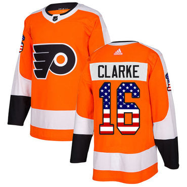 Adidas Flyers 16 Bobby Clarke Orange Home Authentic Usa Flag Stitched Nhl Jersey