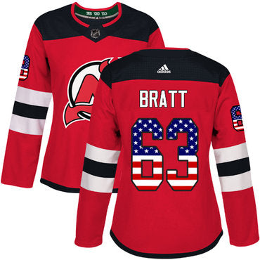 Adidas New Jersey Devils 63 Jesper Bratt Red Home Authentic Usa Flag Womens Stitched Nhl Jersey
