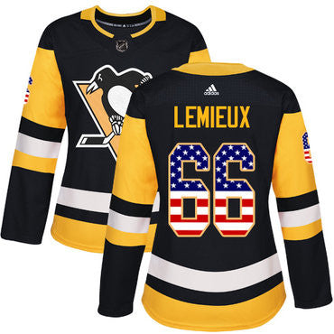 Adidas Pittsburgh Penguins 66 Mario Lemieux Black Home Authentic Usa Flag Womens Stitched Nhl Jersey