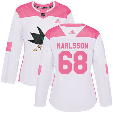 Adidas San Jose Sharks 68 Melker Karlsson White Pink Authentic Fashion Womens Stitched Nhl Jersey