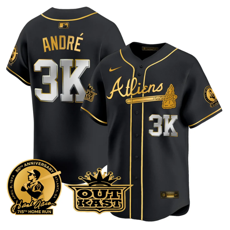 Andr Jersey #3K Atlanta Braves Atliens Hank Aaron Patch Limited Stitched Black G