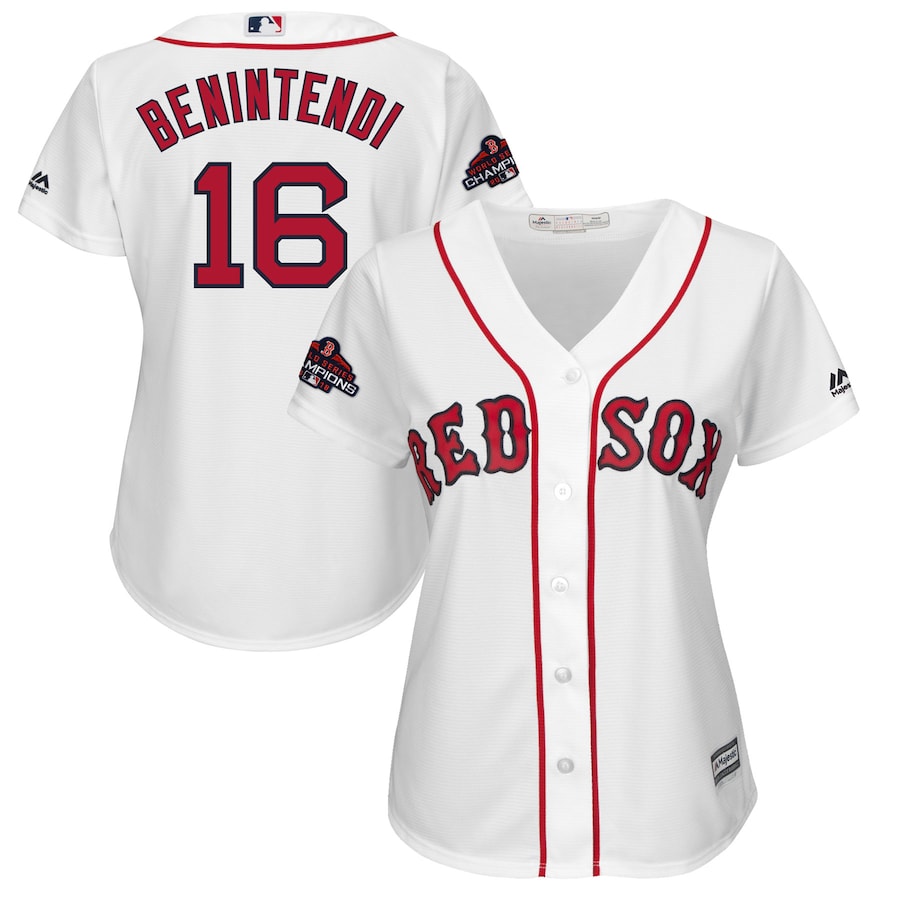 Andrew Benintendi Boston Red Sox Majestic Womens 2018 World Series Champions Team Logo Player Jersey White