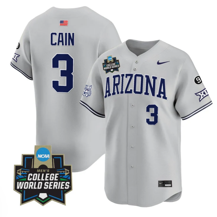 Andrew Cain Jersey #3 Arizona Wildcats 2025 World Series Stitched Gray