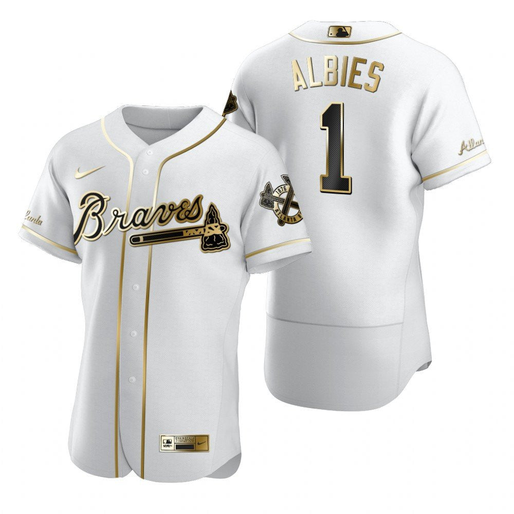 Atlanta Braves 1 Ozzie Albies Mlb Golden Brandedition White Jersey Gift For Braves Fans