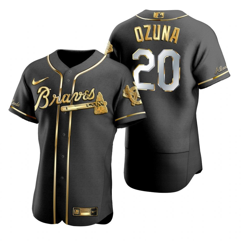 Atlanta Braves 20 Marcell Ozuna Mlb Golden Brandedition Black Jersey Gift For Braves Fans