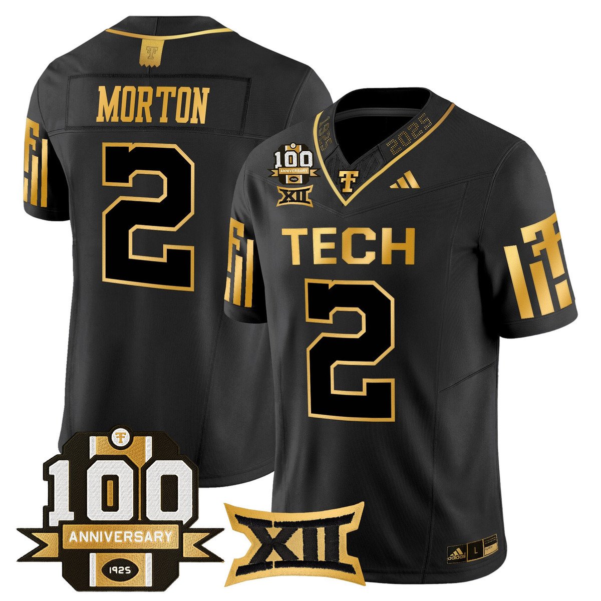 Behren Morton Jersey #2 Texas Tech 2025 100th Anniversary Stitched Black Gold