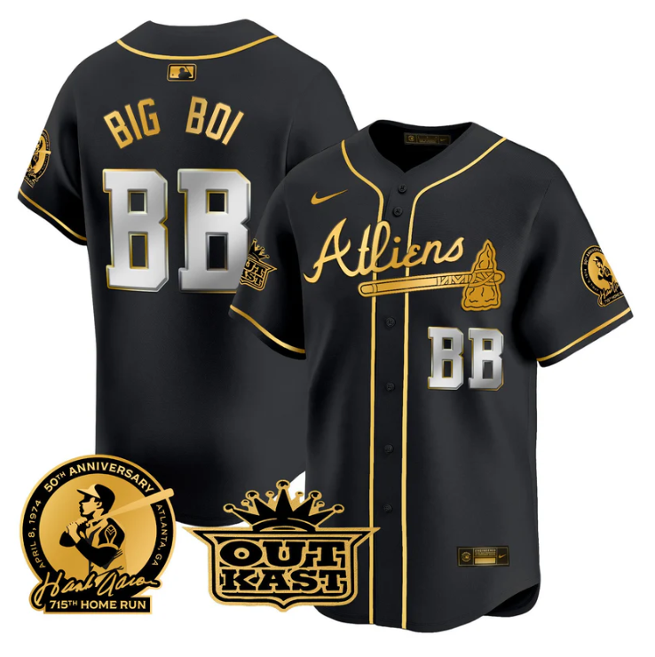 Big Boi Jersey #BB Atlanta Braves Atliens Hank Aaron Patch Limited Stitched Blac