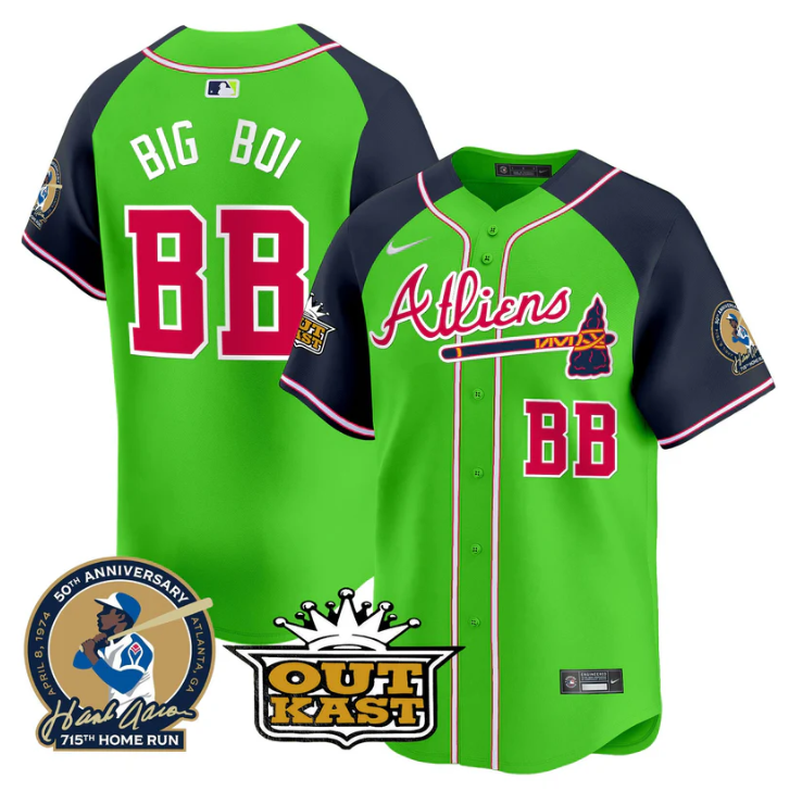 Big Boi Jersey #BB Atlanta Braves Atliens Hank Aaron Patch Limited Stitched Gree