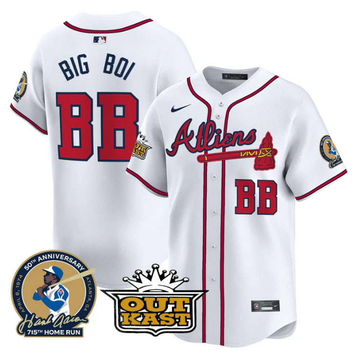 Big Boi Jersey #BB Atlanta Braves Atliens Hank Aaron Patch Limited Stitched Whit