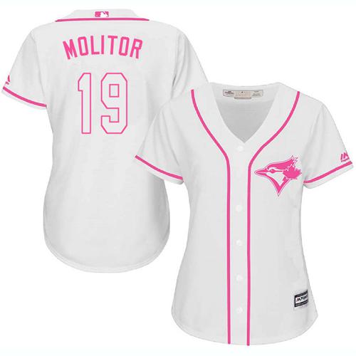 Blue Jays 19 Paul Molitor White Pink Fashion Womens Stitched Baseball Jersey