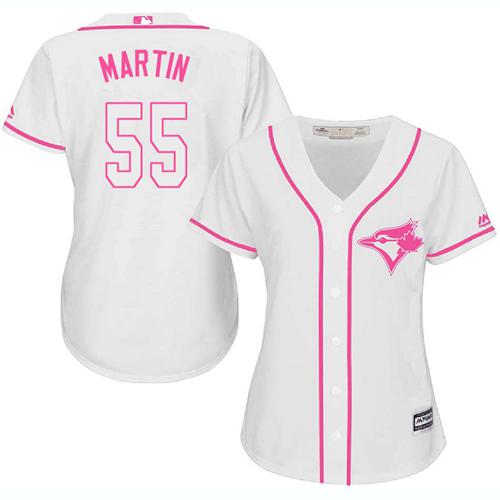 Blue Jays 55 Russell Martin White Pink Fashion Womens Stitched Baseball Jersey