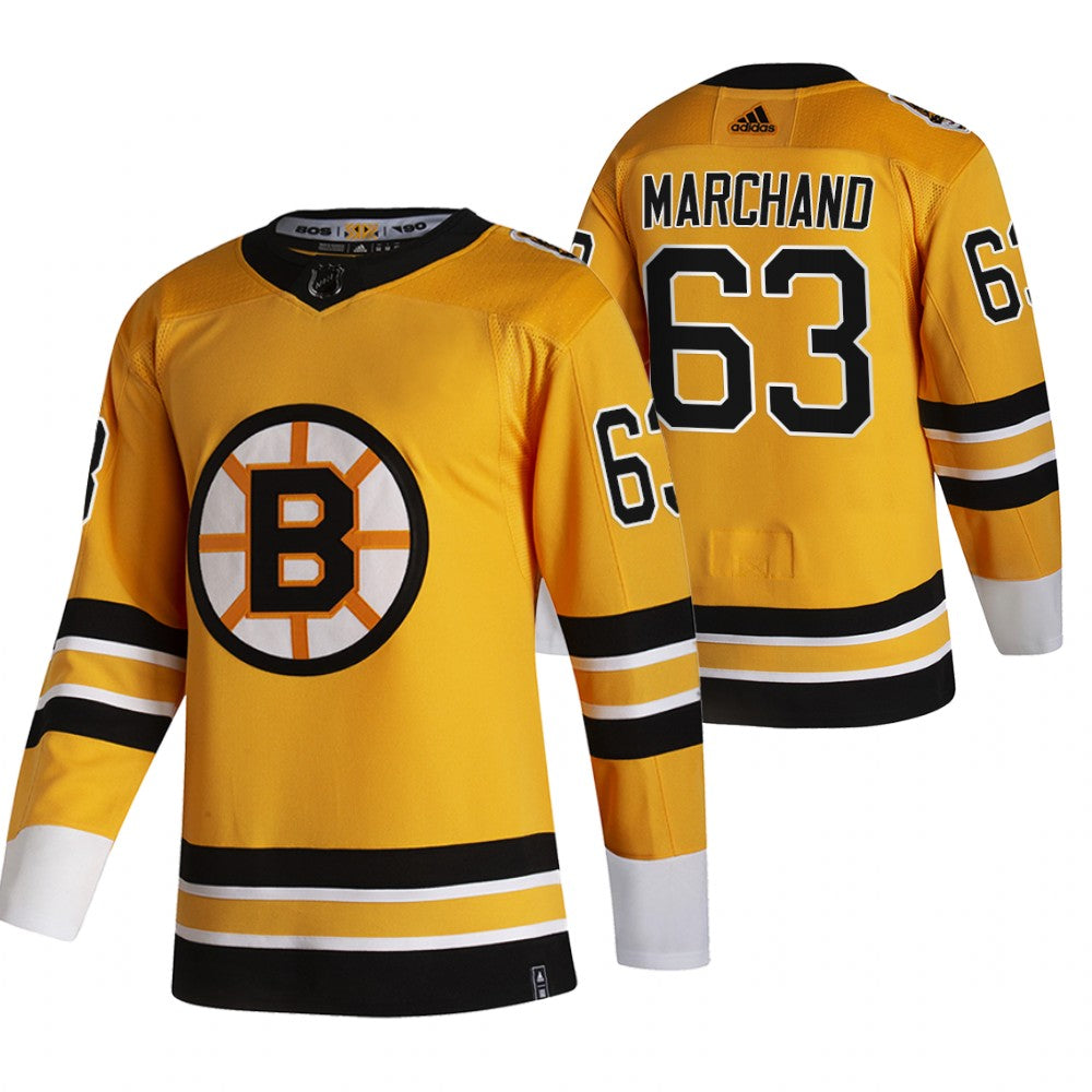 Boston Bruins 63 Brad Marchand Yellow Mens Adidas 2020 21 Reverse Retro Alternate Nhl Jersey