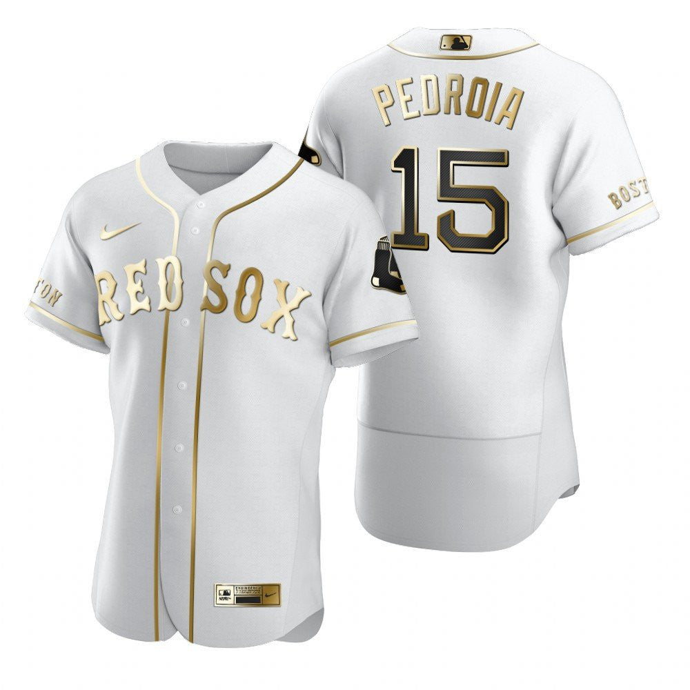 Boston Red Sox 15 Dustin Pedroia Mlb Golden Brandedition White Jersey Gift For Red Sox Fans