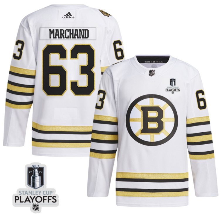 Brad Marchand 63 Boston Bruins 2024 NHL Playoffs Patch Away Jersey Men, White