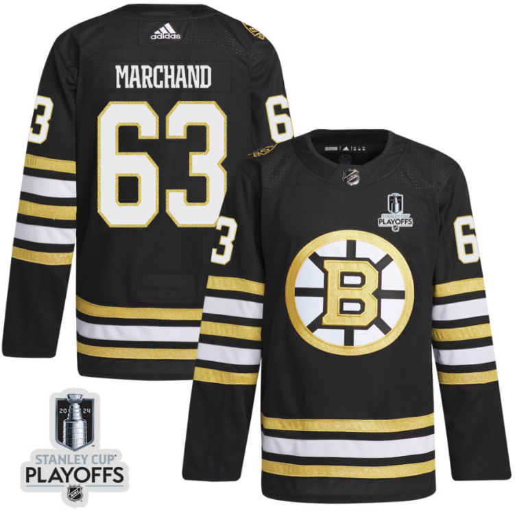 Brad Marchand 63 Boston Bruins 2024 NHL Playoffs Patch Home Jersey Men, Black