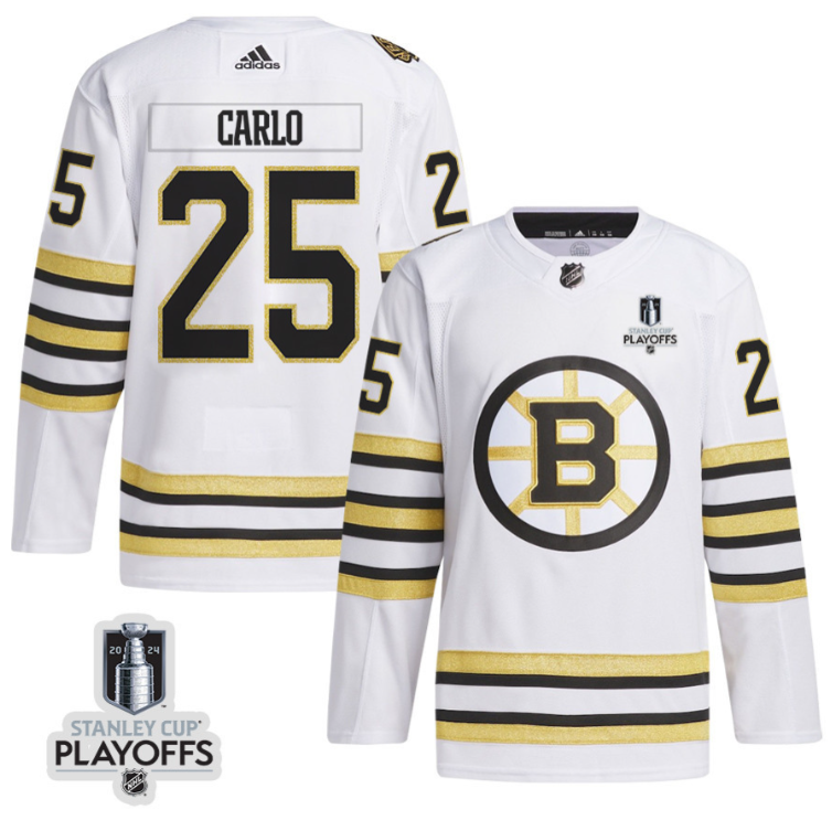 Brandon Carlo 25 Boston Bruins 2024 NHL Playoffs Patch Away Jersey Men, White