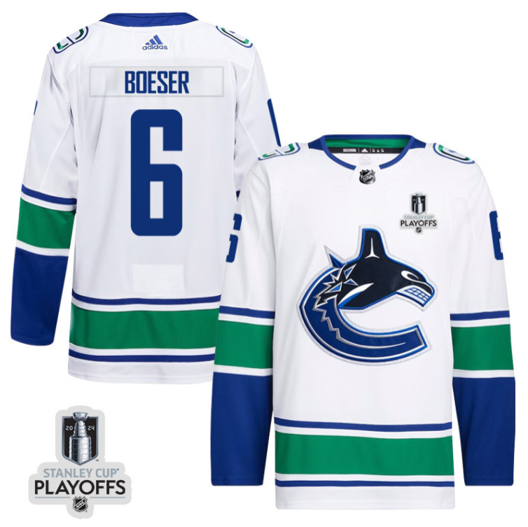 Brock Boeser 6 Vancouver Canucks 2024 NHL Playoffs Patch Away Jersey Men, Whit