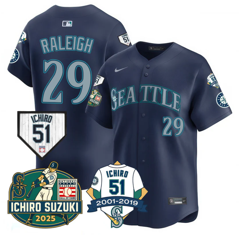 Cal Raleigh Jersey #29 Seattle Mariners Ichiro Suzuki Stitched Navy