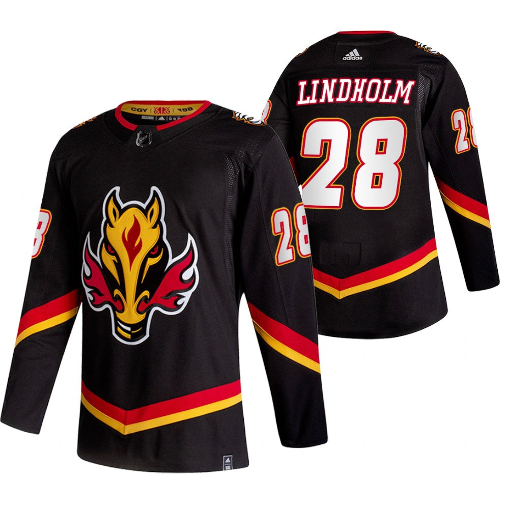 Calgary Flames 28 Elias Lindholm Black Mens Adidas 2020 21 Reverse Retro Alternate Nhl Jersey