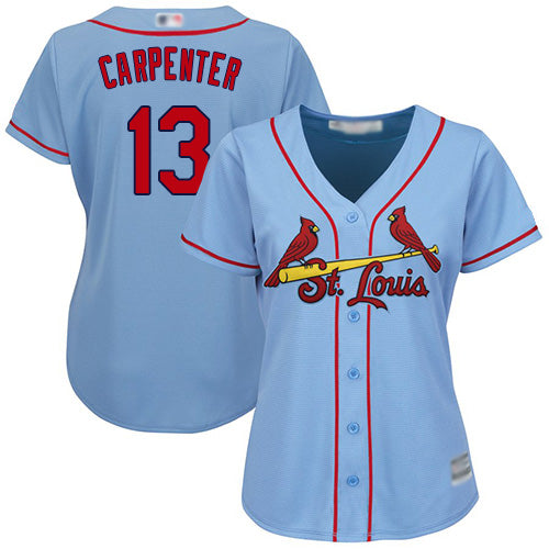 Cardinals 13 Matt Carpenter Light Blue Alternate Womens Stitched Baseball Jersey