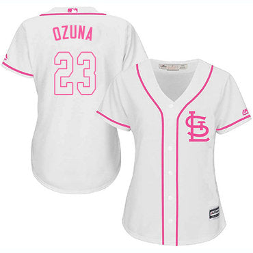 Cardinals 23 Marcell Ozuna White Pink Fashion Womens Stitched Baseball Jersey