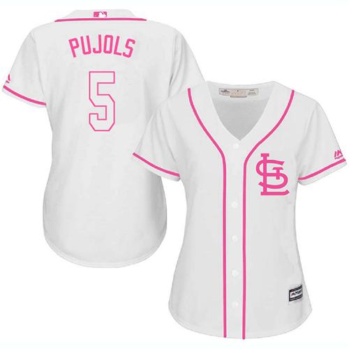 Cardinals 5 Albert Pujols White Pink Fashion Womens Stitched Baseball Jersey