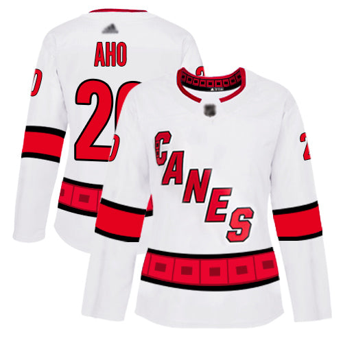 Carolina Hurricanes 20 Sebastian Aho White Road Authentic Womens Stitched Hockey Jersey