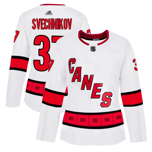Carolina Hurricanes 37 Andrei Svechnikov White Road Authentic Womens Stitched Hockey Jersey