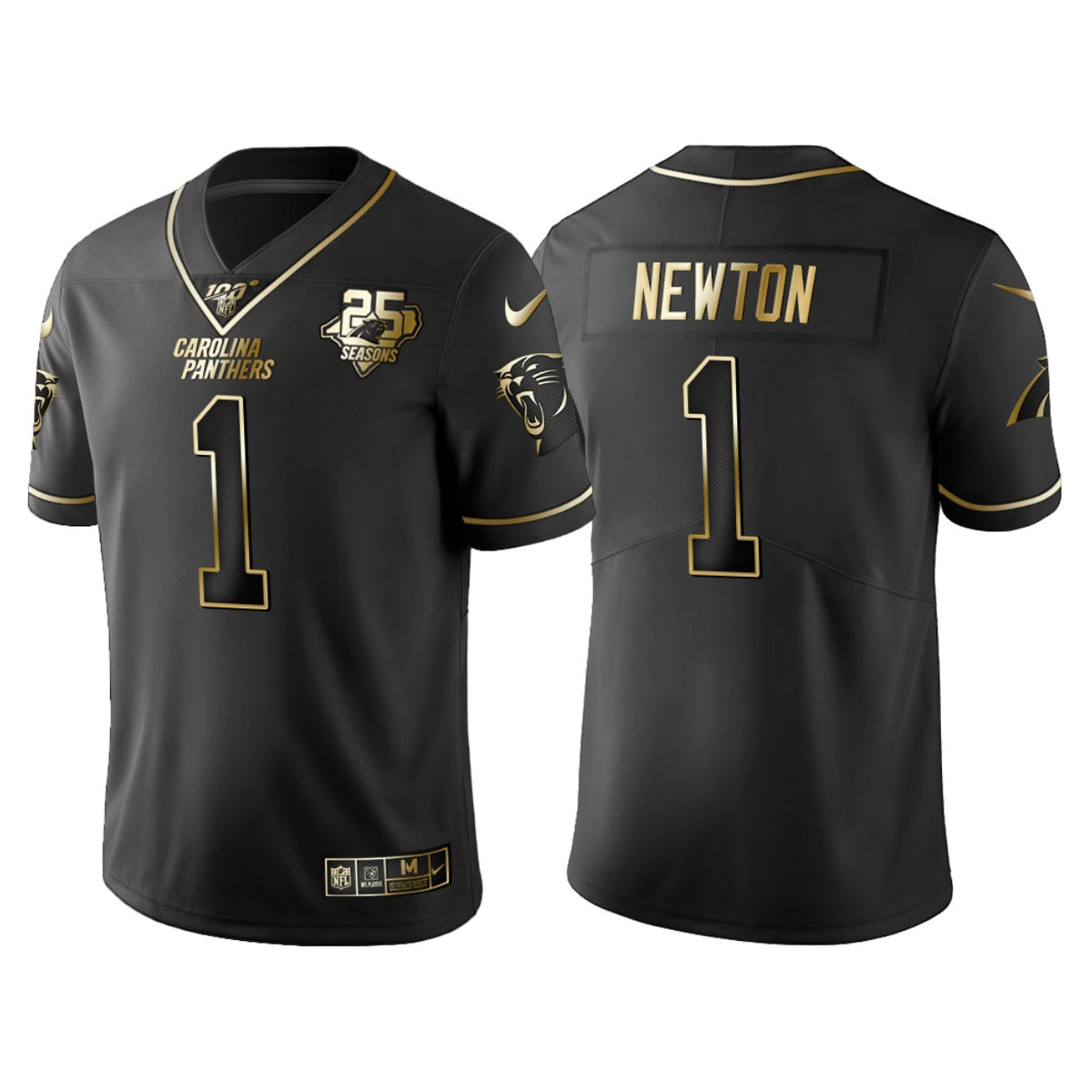 Carolina Panthers Cam Newton 25th Anniversary Black Gold Logo Jersey