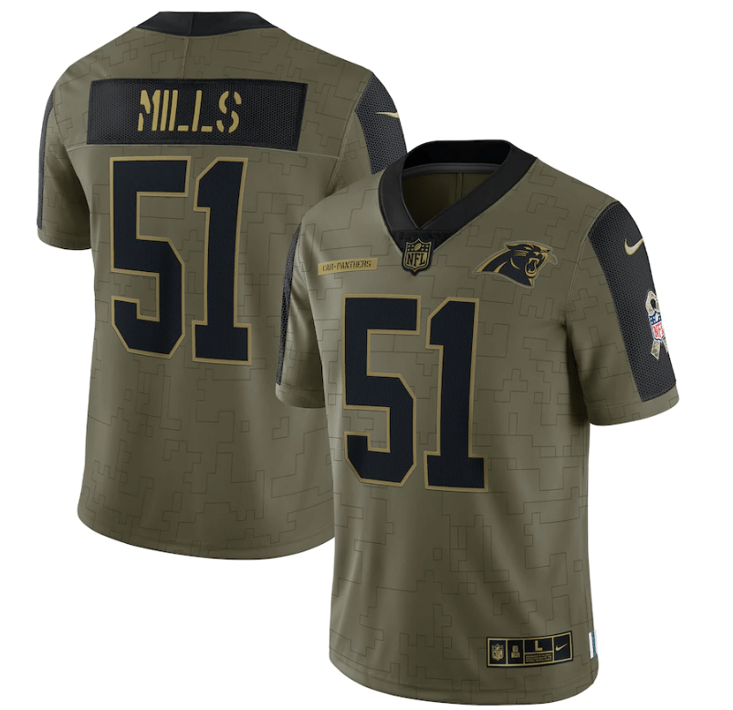 Carolina Panthers Sam Mills 51 Nfl Olive 2021 Salute To Service Player Men Jersey For Panthers Fans