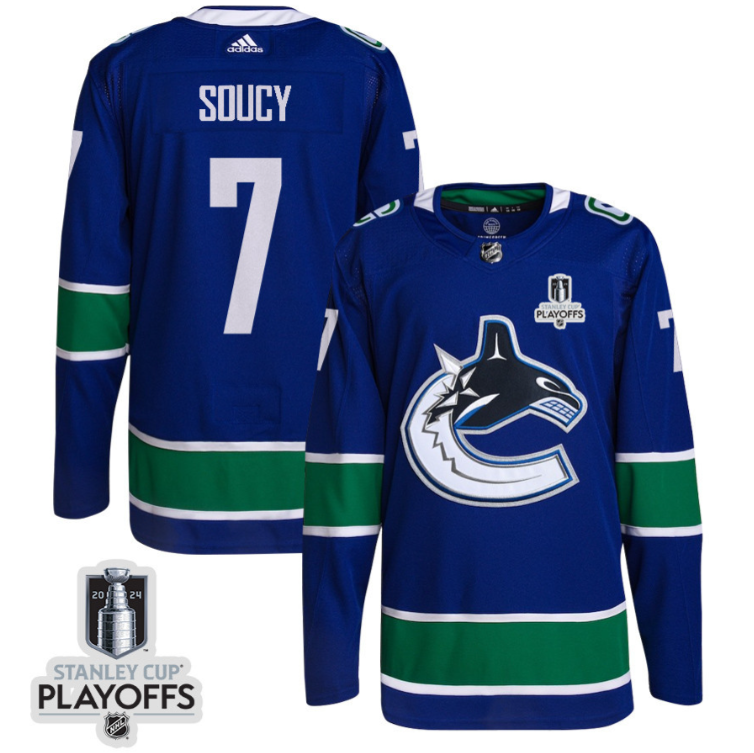 Carson Soucy 7 Vancouver Canucks 2024 NHL Playoffs Patch Home Jersey Men, Blue