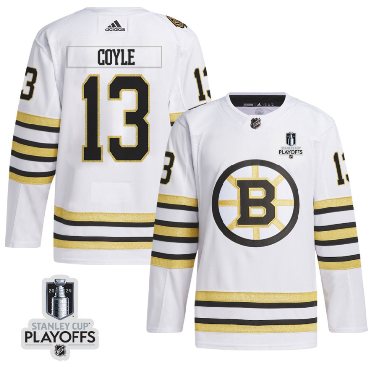 Charlie Coyle 13 Boston Bruins 2024 NHL Playoffs Patch Away Jersey Men, White