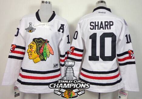 Chicago Blackhawks 10 Patrick Sharp 2015 Winter Classic White Womens Jersey W2015 Stanley Cup Champion Patch