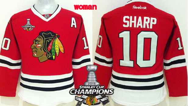 Chicago Blackhawks 10 Patrick Sharp Red Womens Jersey W2015 Stanley Cup Champion Patch